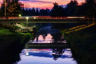 Reflection of trees in swimming pool at lake during sunset