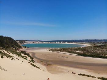 Scenic view of beach against blue sky