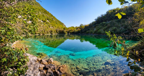 Scenic view of lake against blue sky