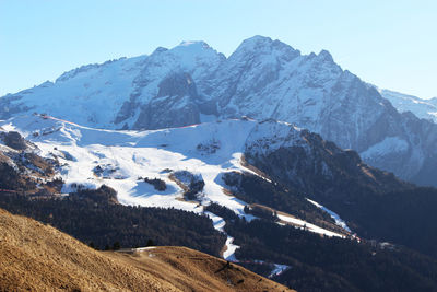 Scenic view of snowcapped mountains against clear sky