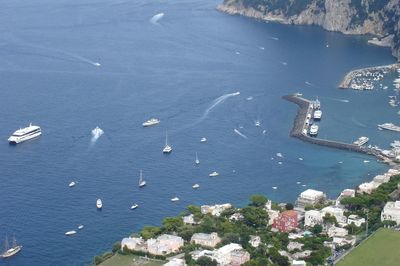 High angle view of sailboats in sea