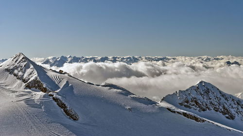 Scenic view of snowcapped mountains against clear sky