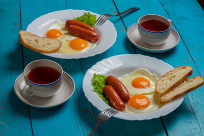 High angle view of breakfast on table