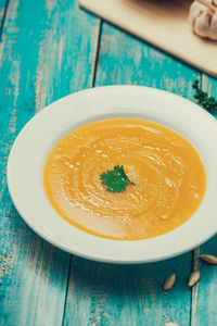 High angle view of soup in bowl on table