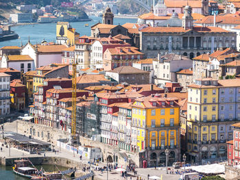 High angle view of street amidst buildings in town