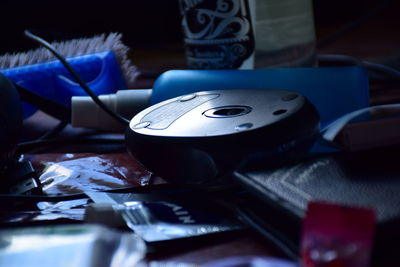 Close-up of camera on table