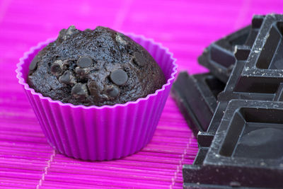 Close-up of chocolate cupcake on table