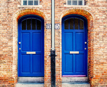 Closed blue door of building