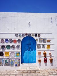 Closed blue door of building