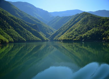 Lake koman is a reservoir on the drin river in northern albania, surrounded by dense forested hills,