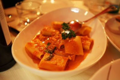 Close up paccheri pasta in bolognese sauce