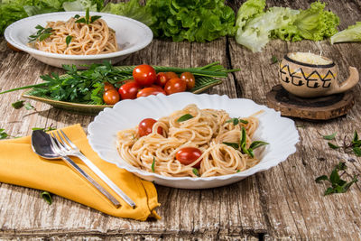 High angle view of meal served on table