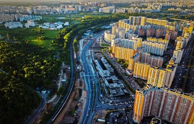 High angle view of street amidst buildings in city