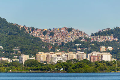 Scenic view of sea and buildings against clear sky