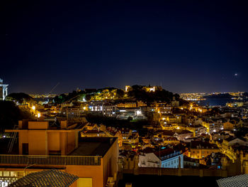 High angle view of illuminated buildings in city at night