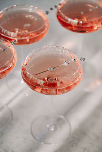 High angle view of wine glass on table