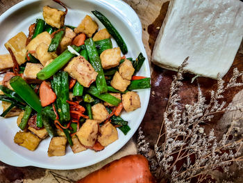 High angle view of food in plate on table