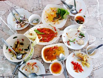 High angle view of breakfast served on table