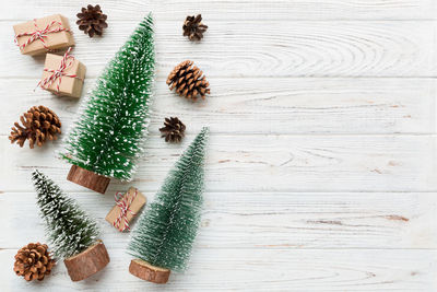 High angle view of christmas decorations on table