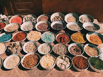 High angle view of spices for sale in market