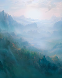 Illustration of landscape with fantasy concept with mountains and peaks in a very cloudy atmosphere