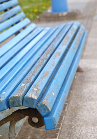 High angle view of blue table and bench