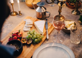 High angle view of food and drink on table at home