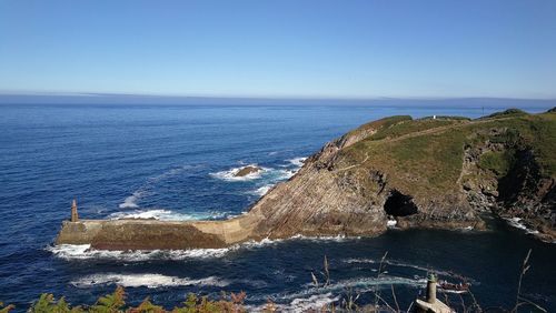 Scenic view of sea against clear blue sky