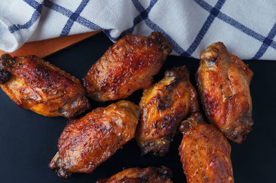 High angle view of food on barbecue grill