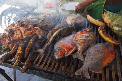 High angle view of fish for sale in market