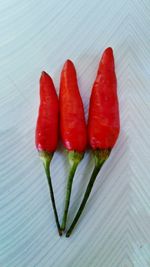 Close-up of red chili peppers on table