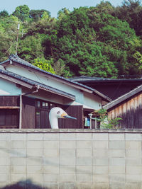 Bird perching on built structure against trees