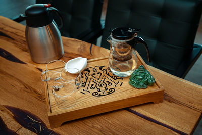 High angle view of drink on table