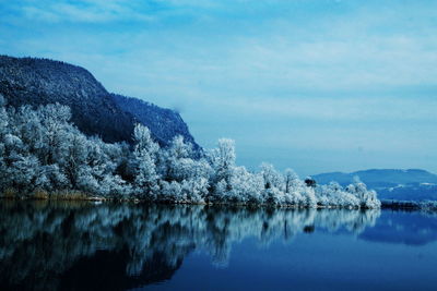 Scenic view of lake by mountains against sky