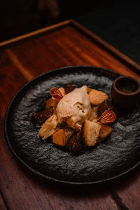 High angle view of food in plate on table