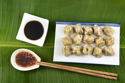 High angle view of breakfast served on table