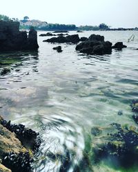 Surface level of rocks in sea against sky