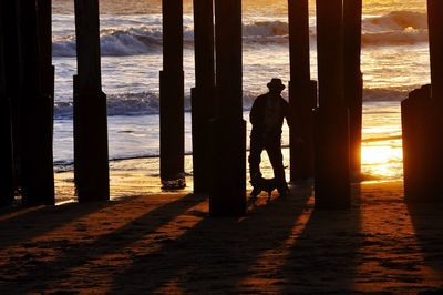 Rear view of silhouette man standing at beach during sunset