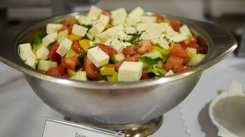 Close-up of salad served in bowl on table