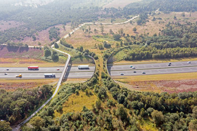 Aerial from ecoduct de borkeld on the highway a1 in rijssen the netherlands