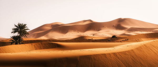 Sand dunes in desert against clear sky