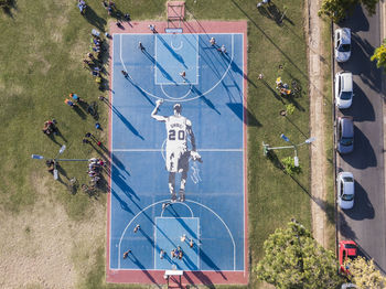 High angle view of people on street