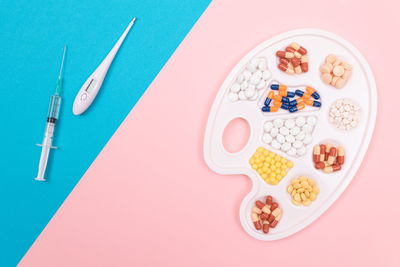 High angle view of breakfast on table