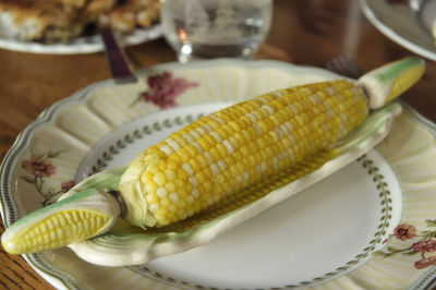 High angle view of bread in plate on table