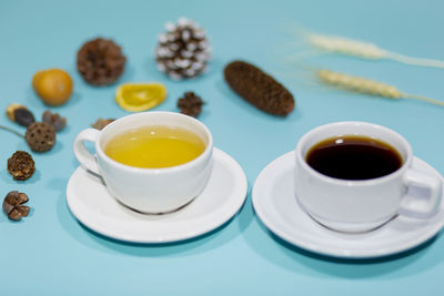 High angle view of coffee cup on table