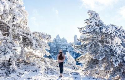 Rear view of man standing on snow against sky