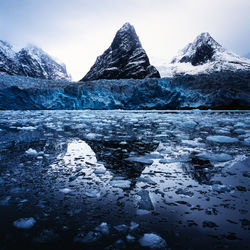 Scenic view of snow covered mountains against sky