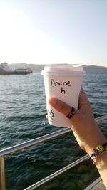 Hand holding boat in sea against clear sky