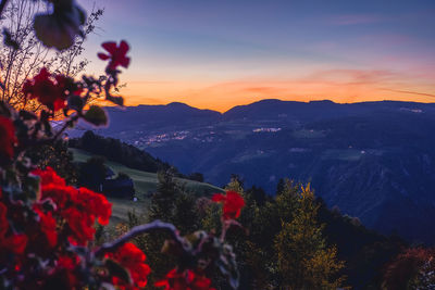 Scenic view of mountains against sky during sunset