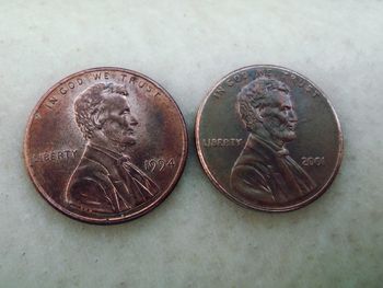 Close-up of coin on table